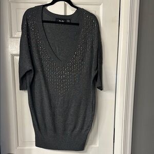 Miss Me Gray V-Neck Tunic Sweater with Embellishment